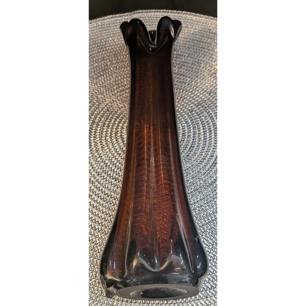 Vtg. 1960s MCM Amber Art Glass Stretch Swung Vase, 12"- 8 pt scalloped Base - Picture 2 of 4